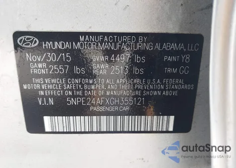 2016 Hyundai Sonata Se from USA, damaged, VIN 5NPE24AFXGH355121